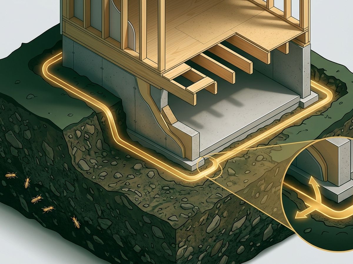Cutaway of a home slab showing a termite barrier around the foundations