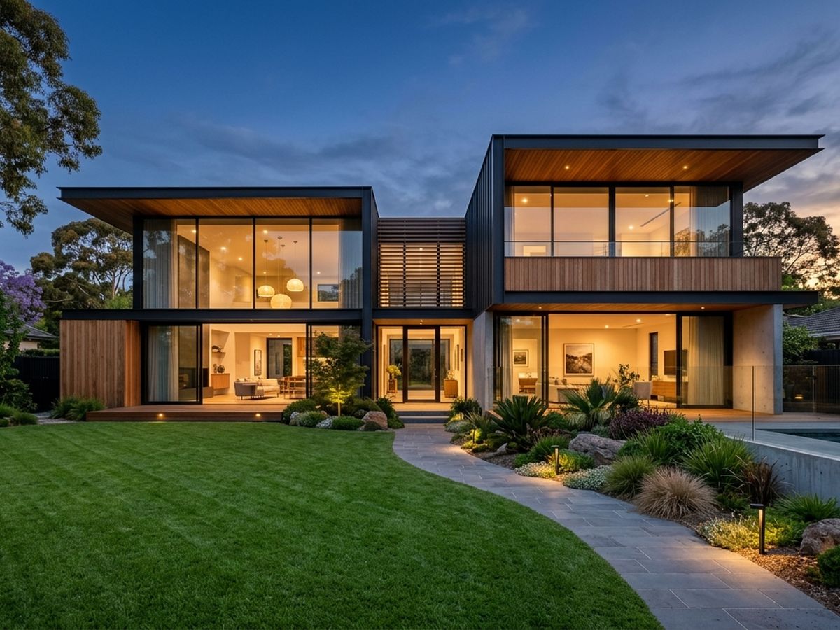 A modern family home at dusk