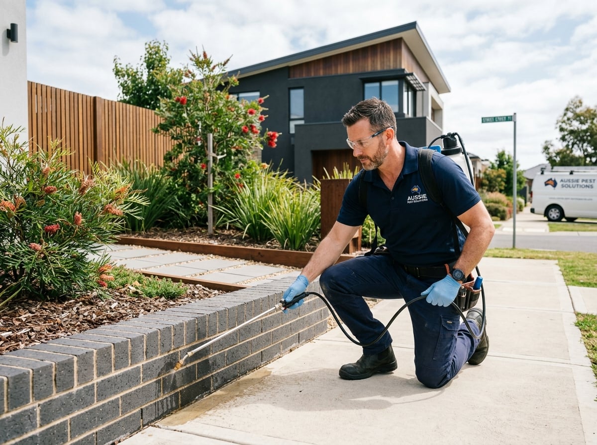 Professional pest control technician treating the exterior foundation of an Australian suburban home